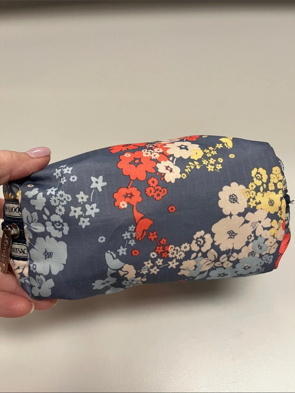 Lesportsac Blue Floral Cosmetic Pouch with Red and Yellow Accents